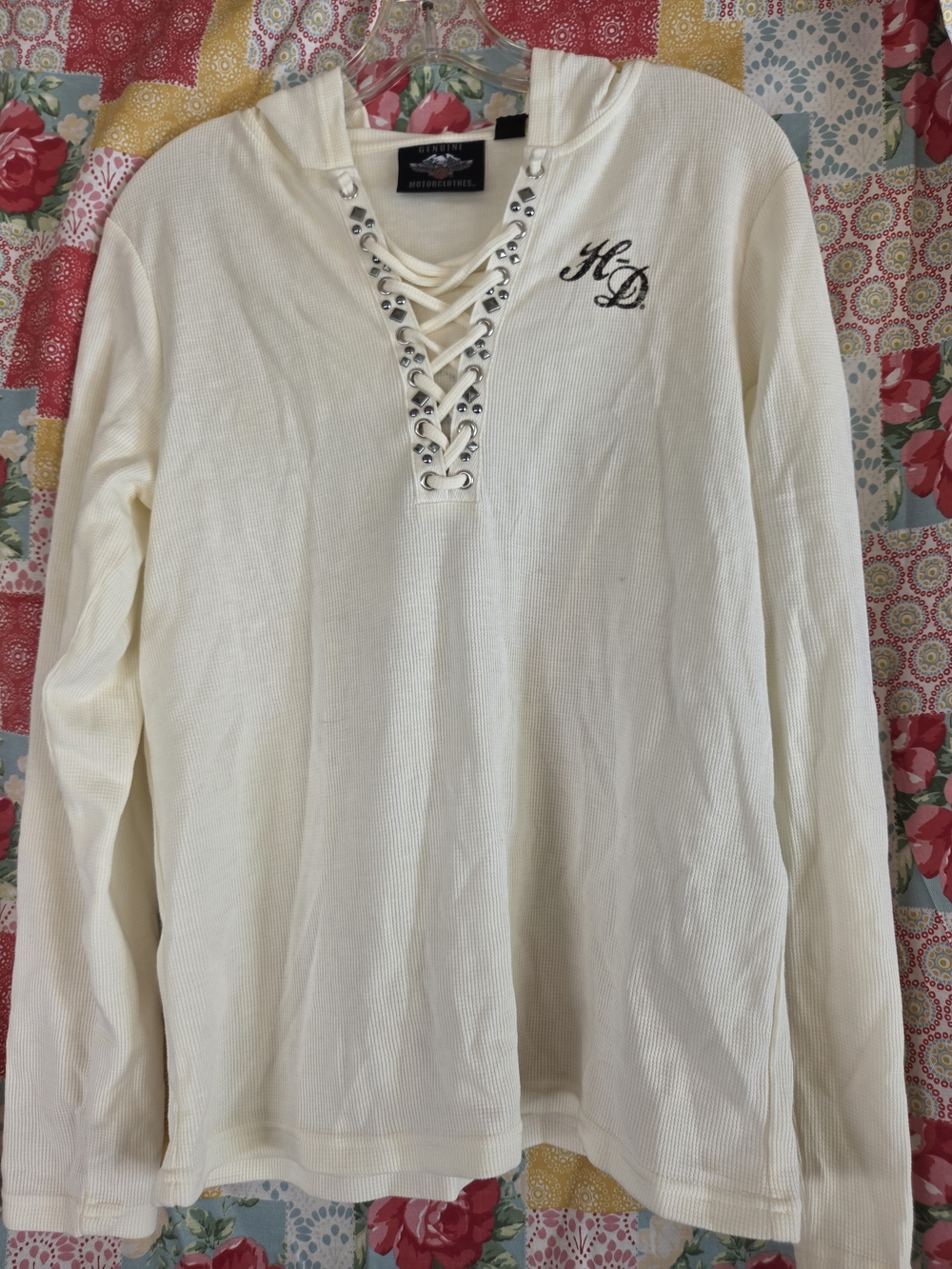 Harley-Davidson Cream Lace-Up Hoodie with Black HD Embroidery